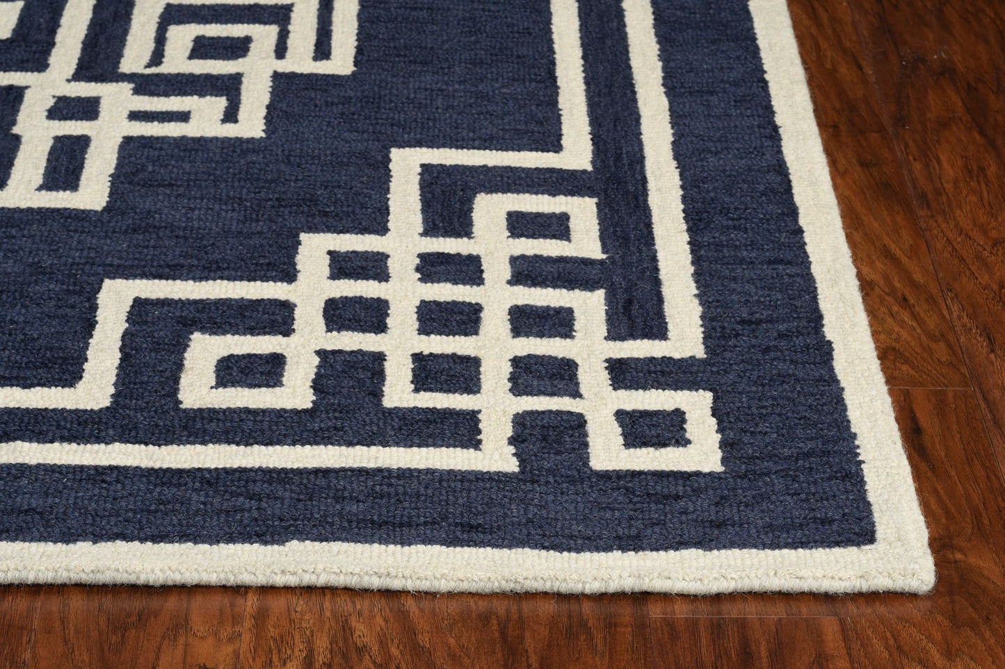 5'X7' Navy Blue Ivory Hand Tufted Bordered Greek Key Indoor Area Rug