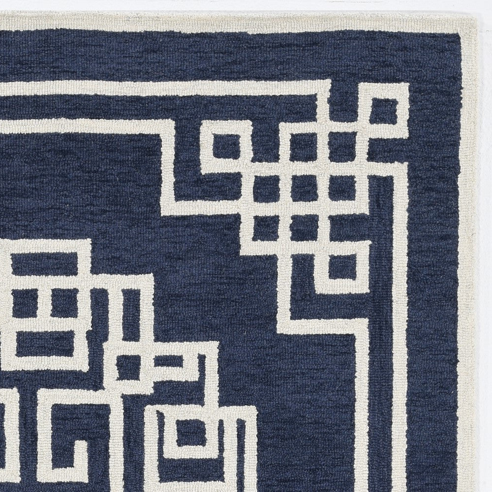 5'X7' Navy Blue Ivory Hand Tufted Bordered Greek Key Indoor Area Rug