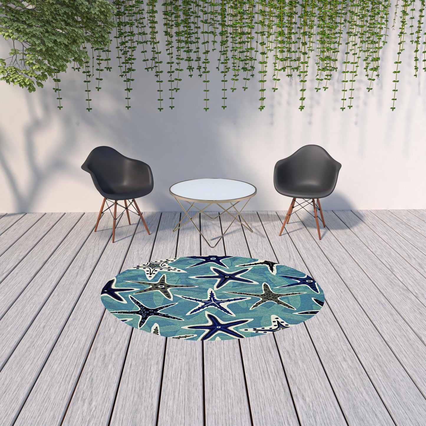 5'X8' Blue Hand Woven Uv Treated Coastal Starfish Indoor Outdoor Area Rug