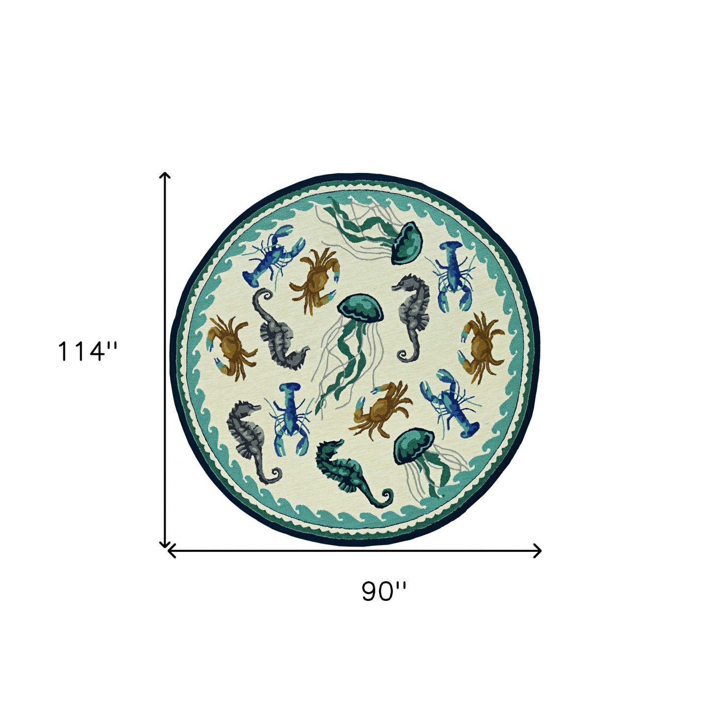 2'X3' Ivory Teal Hand Hooked Uv Treated Bordered Coastal Sea Life Indoor Outdoor Accent Rug