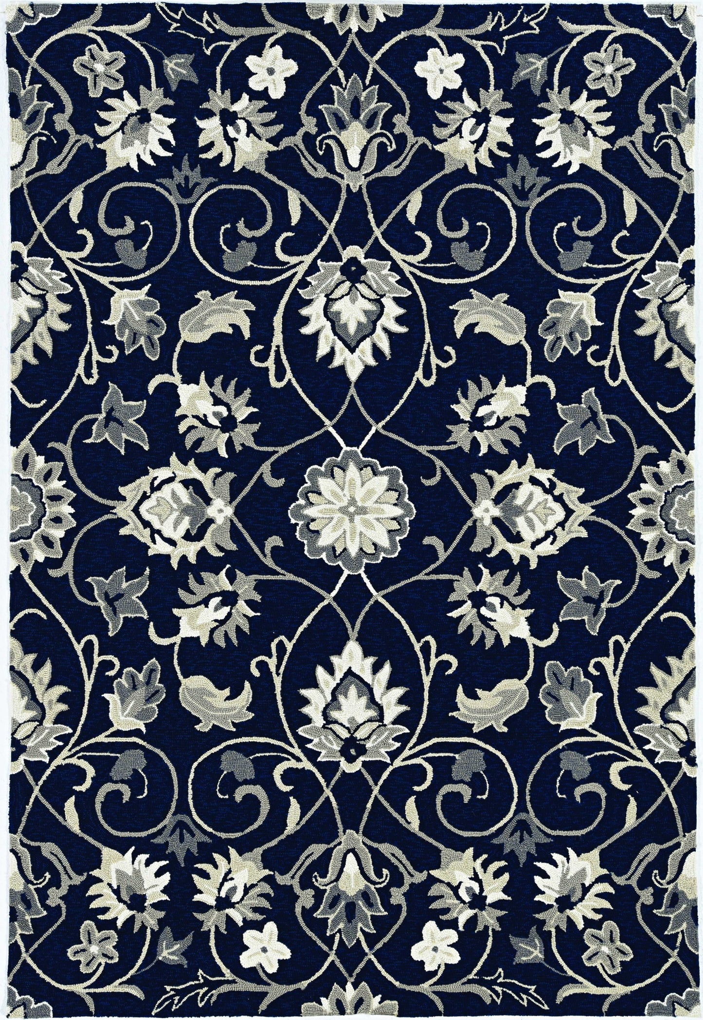 5' X 7' Navy Floral Vines Indoor Outdoor Area Rug