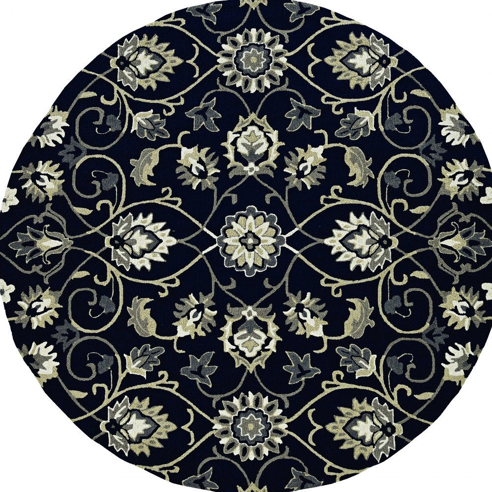 5' X 7' Navy Floral Vines Indoor Outdoor Area Rug