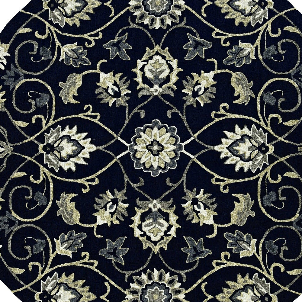 5' X 7' Navy Floral Vines Indoor Outdoor Area Rug