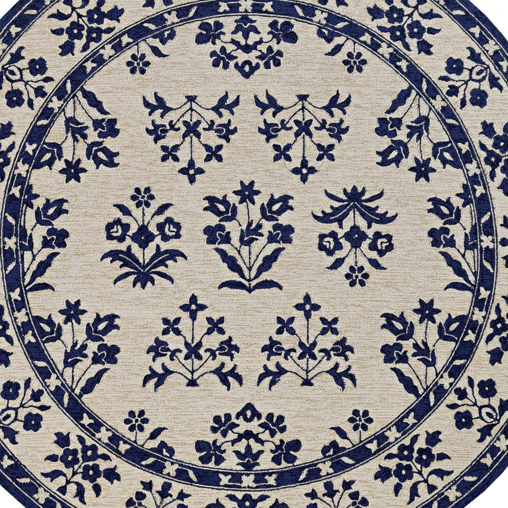 2'X3' Sand Blue Hand Hooked Uv Treated Floral Traditional Indoor Outdoor Accent Rug