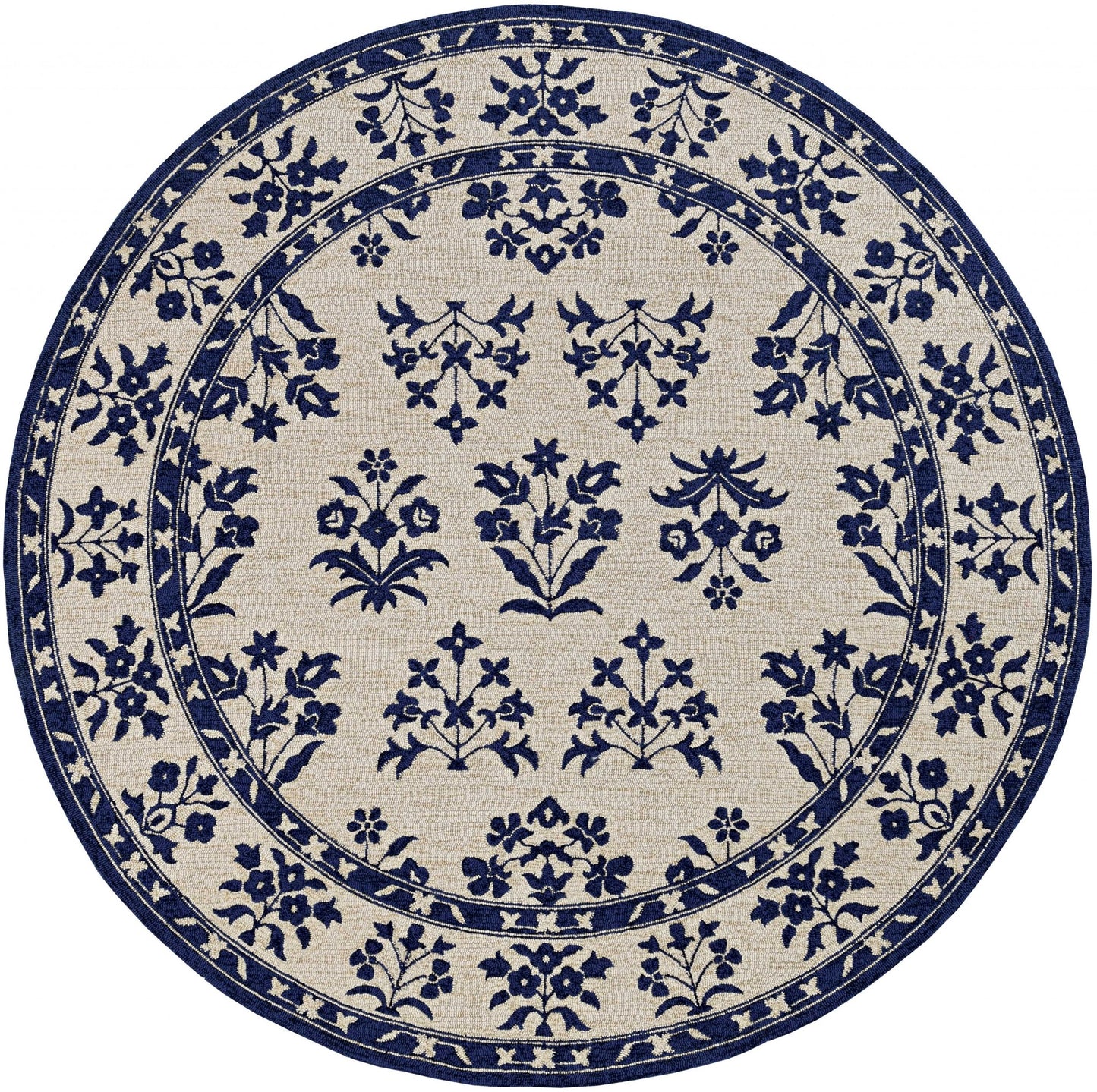 2'X3' Sand Blue Hand Hooked Uv Treated Floral Traditional Indoor Outdoor Accent Rug