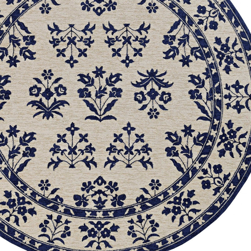 2'X3' Sand Blue Hand Hooked Uv Treated Floral Traditional Indoor Outdoor Accent Rug