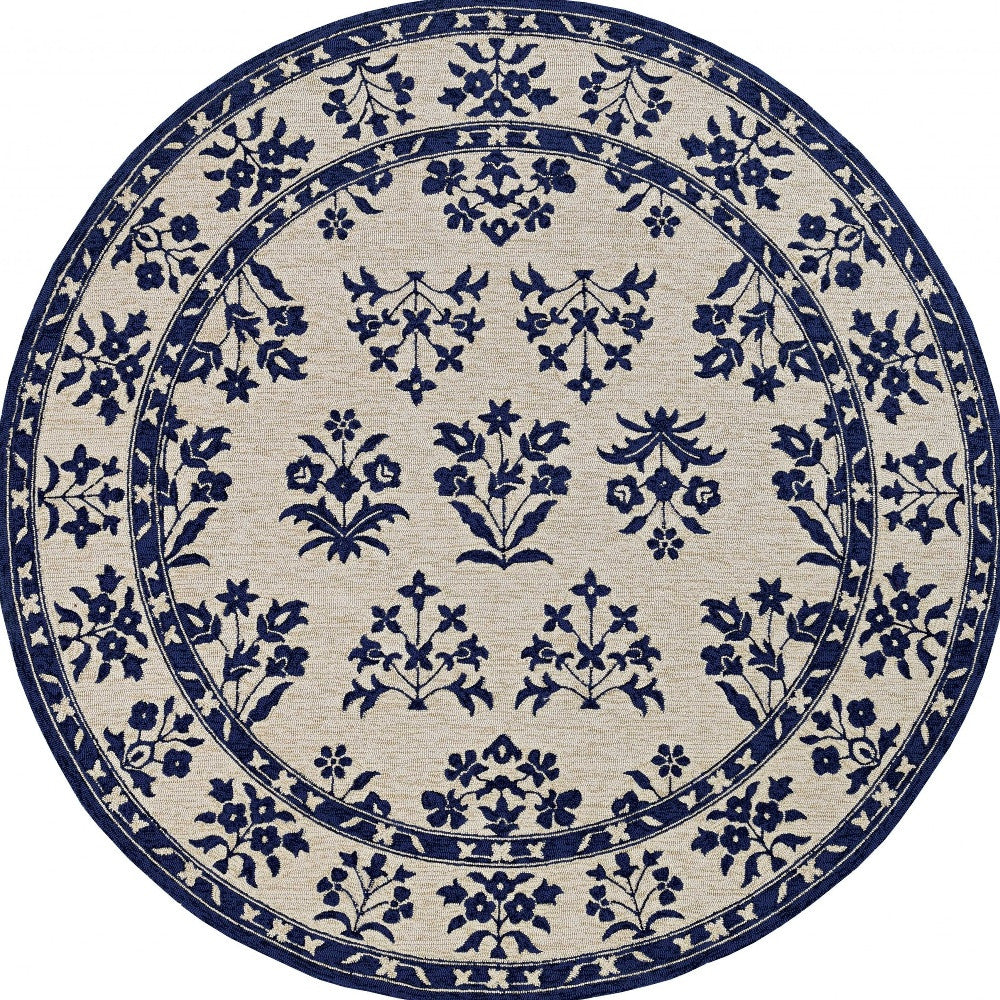2'X3' Sand Blue Hand Hooked Uv Treated Floral Traditional Indoor Outdoor Accent Rug
