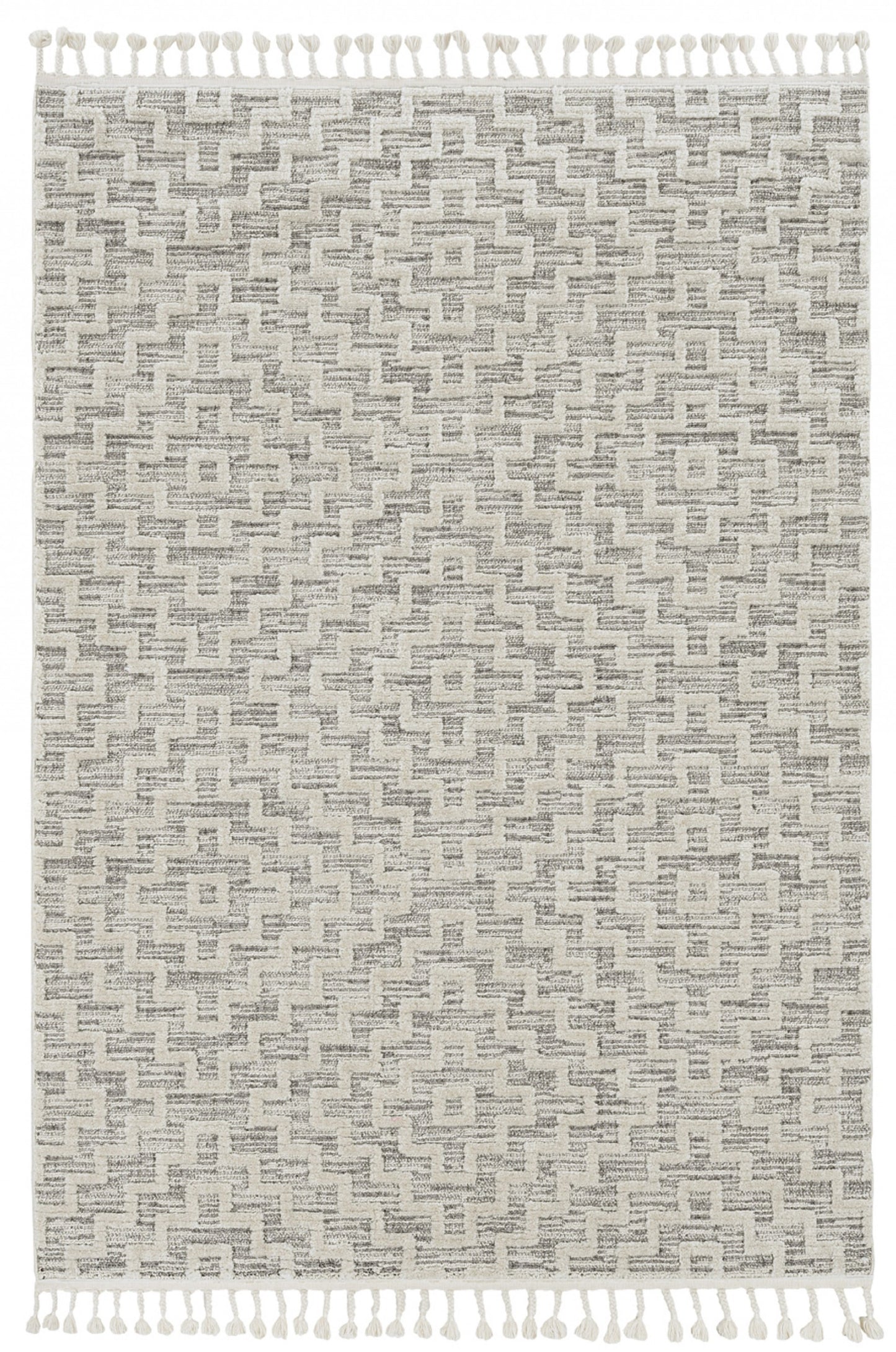 5'X8' Ivory Grey Machine Woven Geometric With Fringe Indoor Area Rug