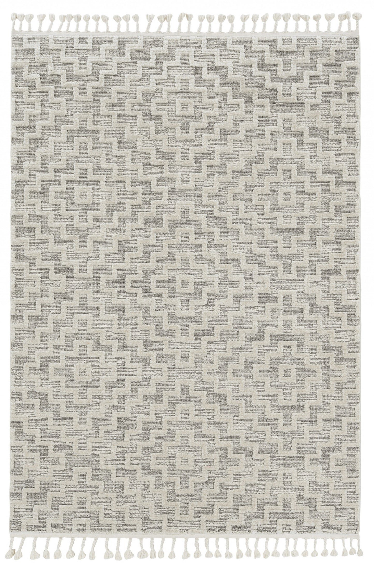 5'X8' Ivory Grey Machine Woven Geometric With Fringe Indoor Area Rug