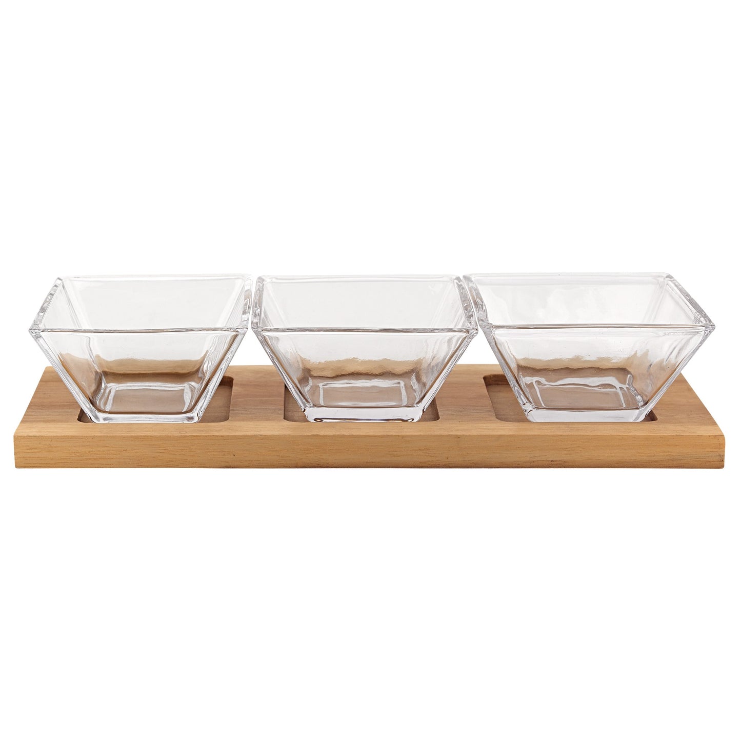 4 Mouth Blown Crystal Hostess Set 4 Pc With 3 Glass Condiment Or Dip Bowls On A Wood Tray