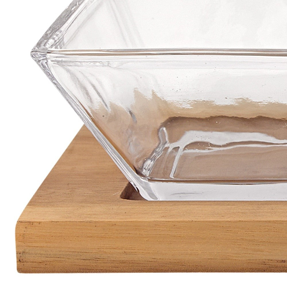 4 Mouth Blown Crystal Hostess Set 4 Pc With 3 Glass Condiment Or Dip Bowls On A Wood Tray