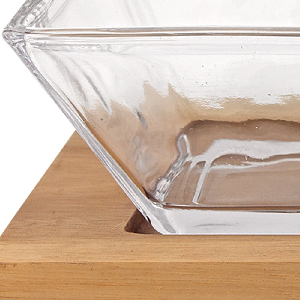 4 Mouth Blown Crystal Hostess Set 4 Pc With 3 Glass Condiment Or Dip Bowls On A Wood Tray