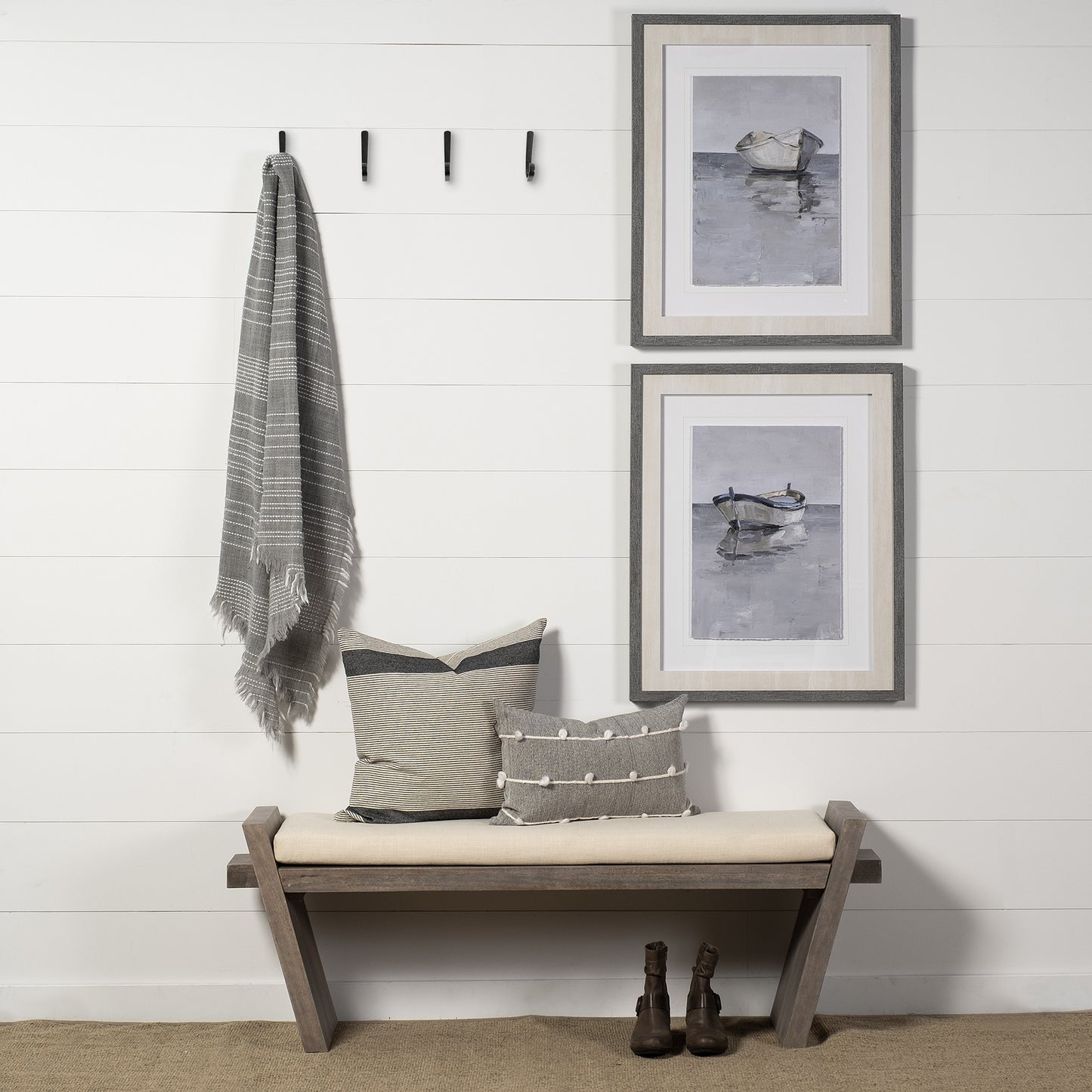 14" Cream and Brown Upholstered Linen Blend Bench