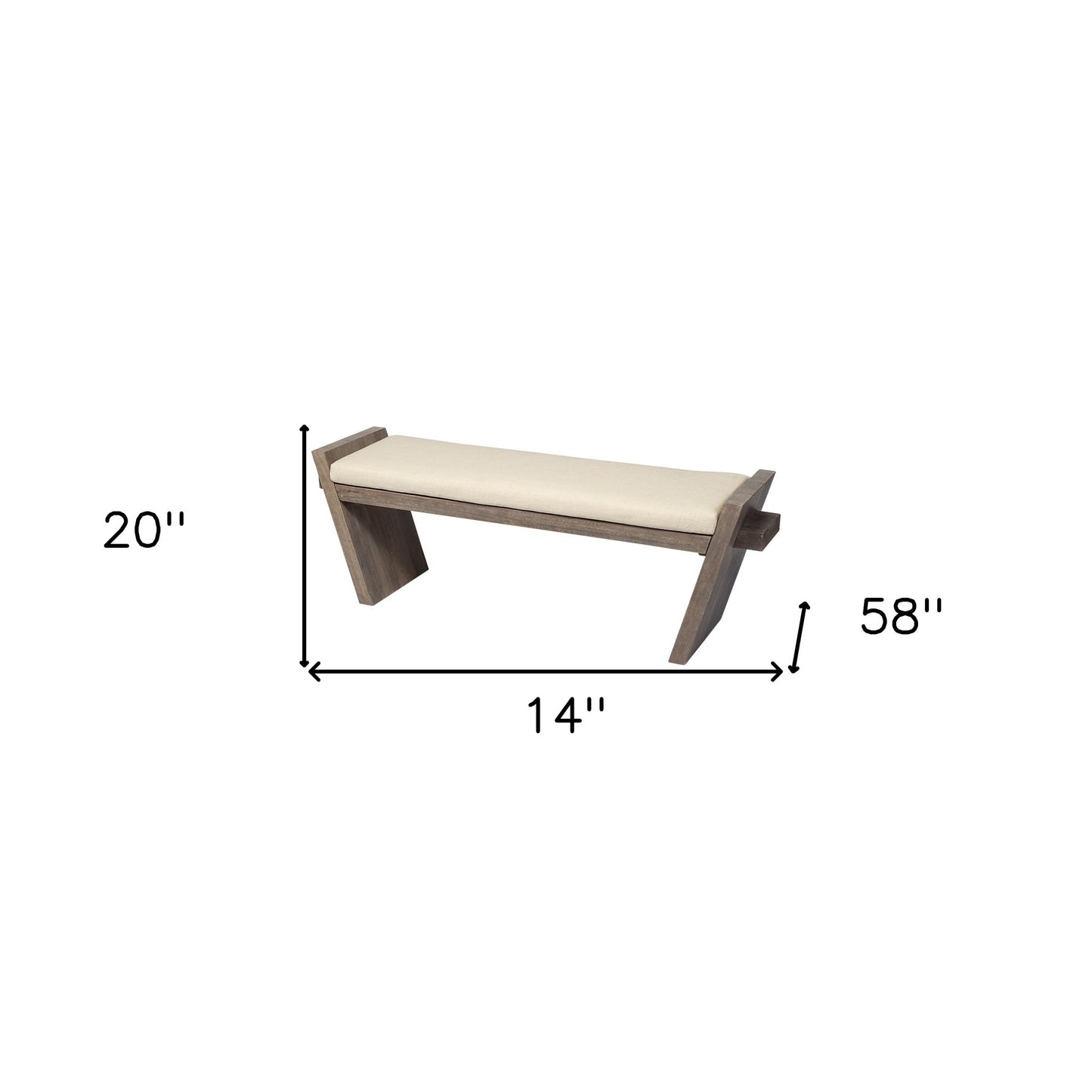 14" Cream and Brown Upholstered Linen Blend Bench