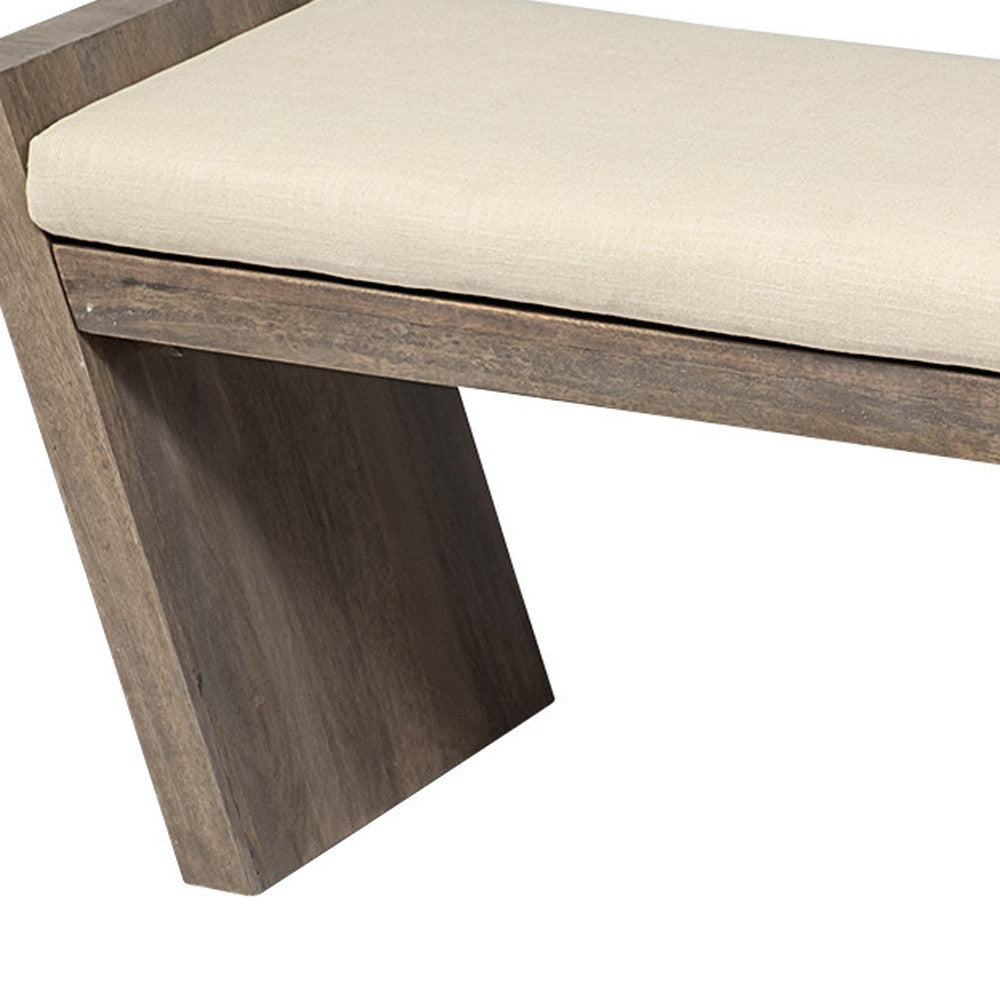 14" Cream and Brown Upholstered Linen Blend Bench