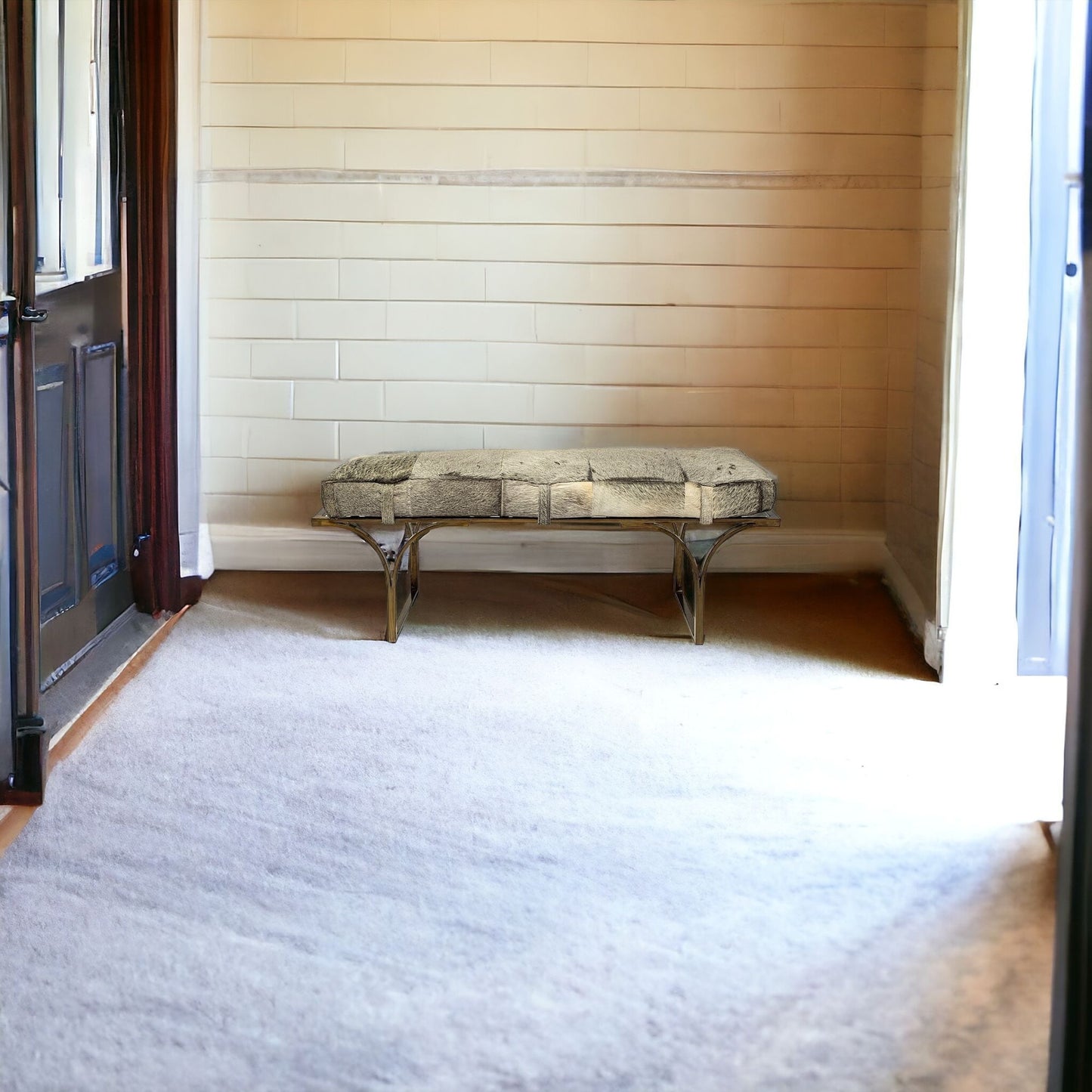 55" Gray and Antiqued Brass Upholstered Faux Fur Bench