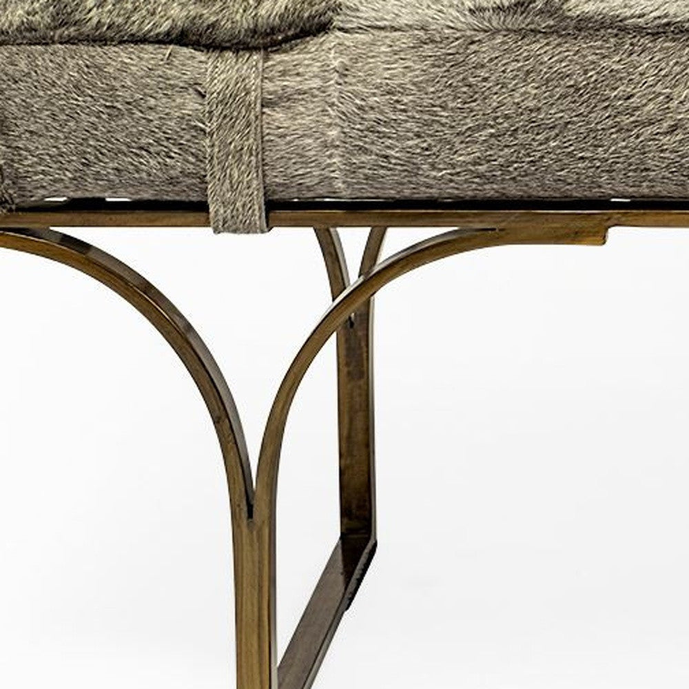 55" Gray and Antiqued Brass Upholstered Faux Fur Bench