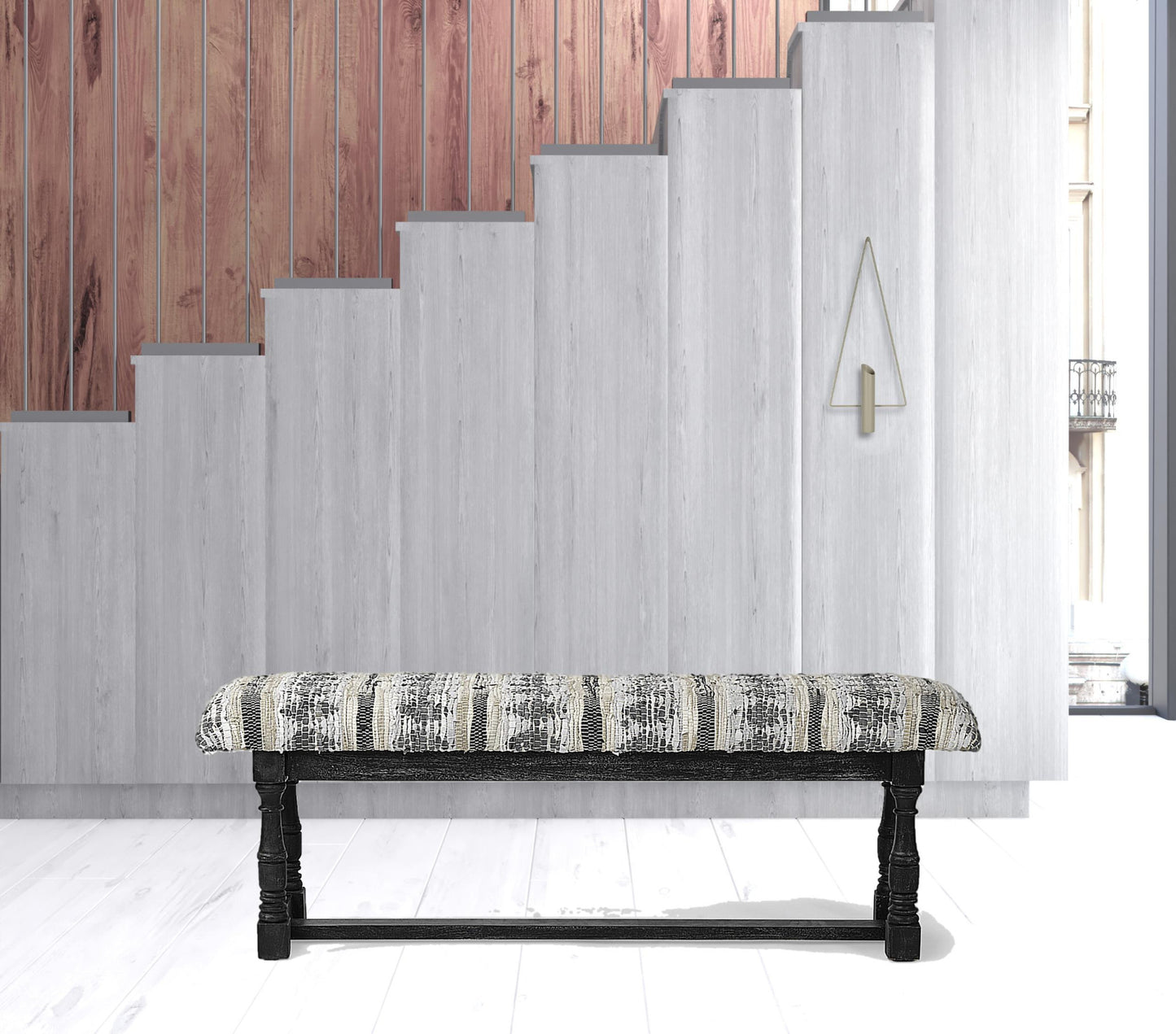15" Off White and Black Upholstered Faux Leather Bench