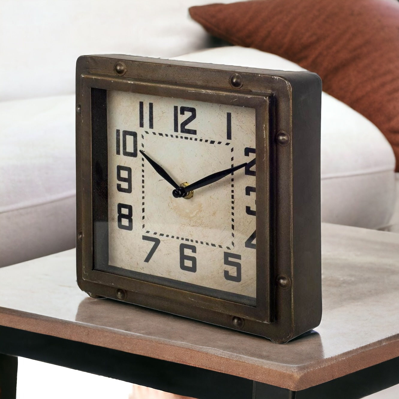 Square Bronze Toned Metal Desk Table Clock With Traditional Black Numbers And Hands