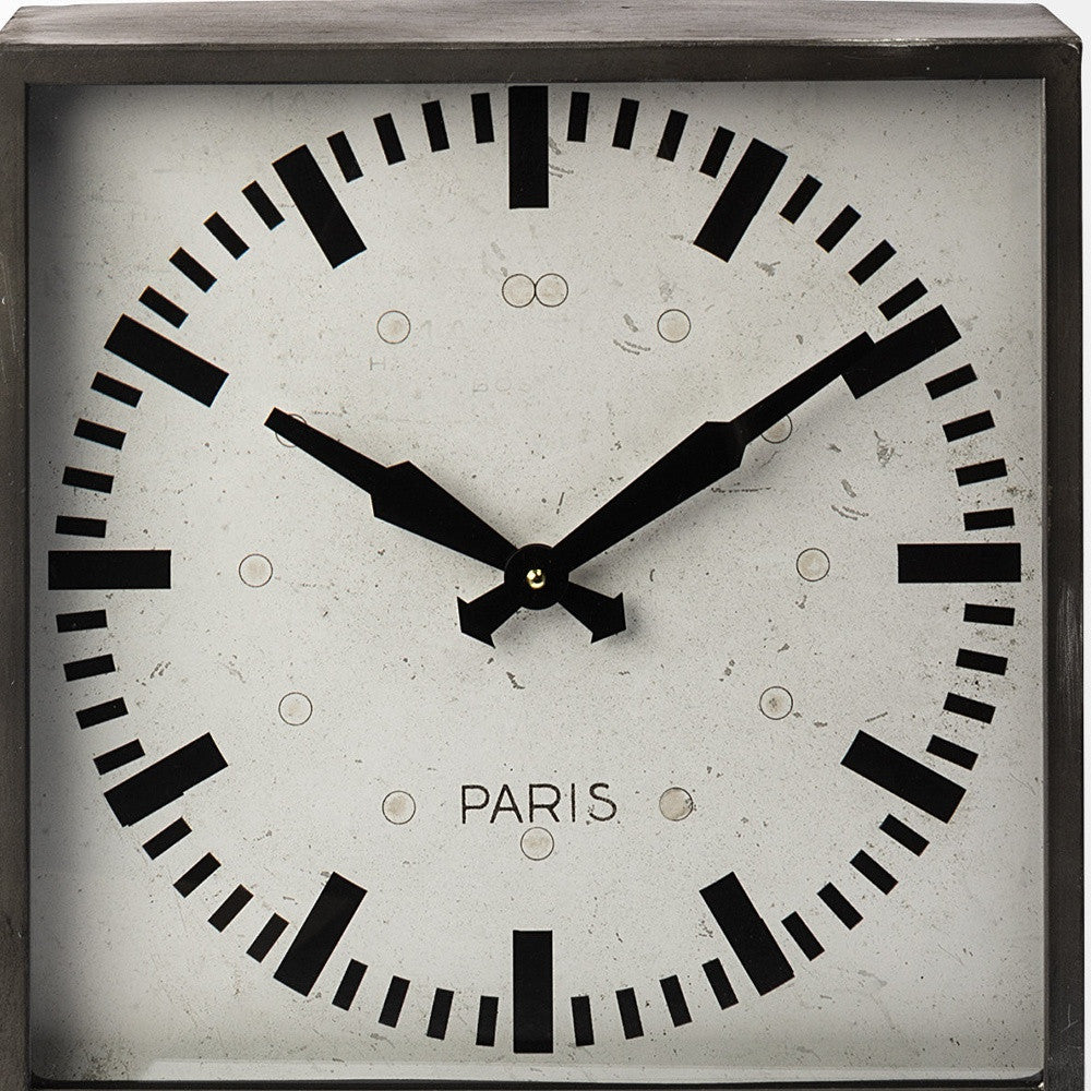 Square Gray Metal Desk Table Clock With Simple White And Black Face