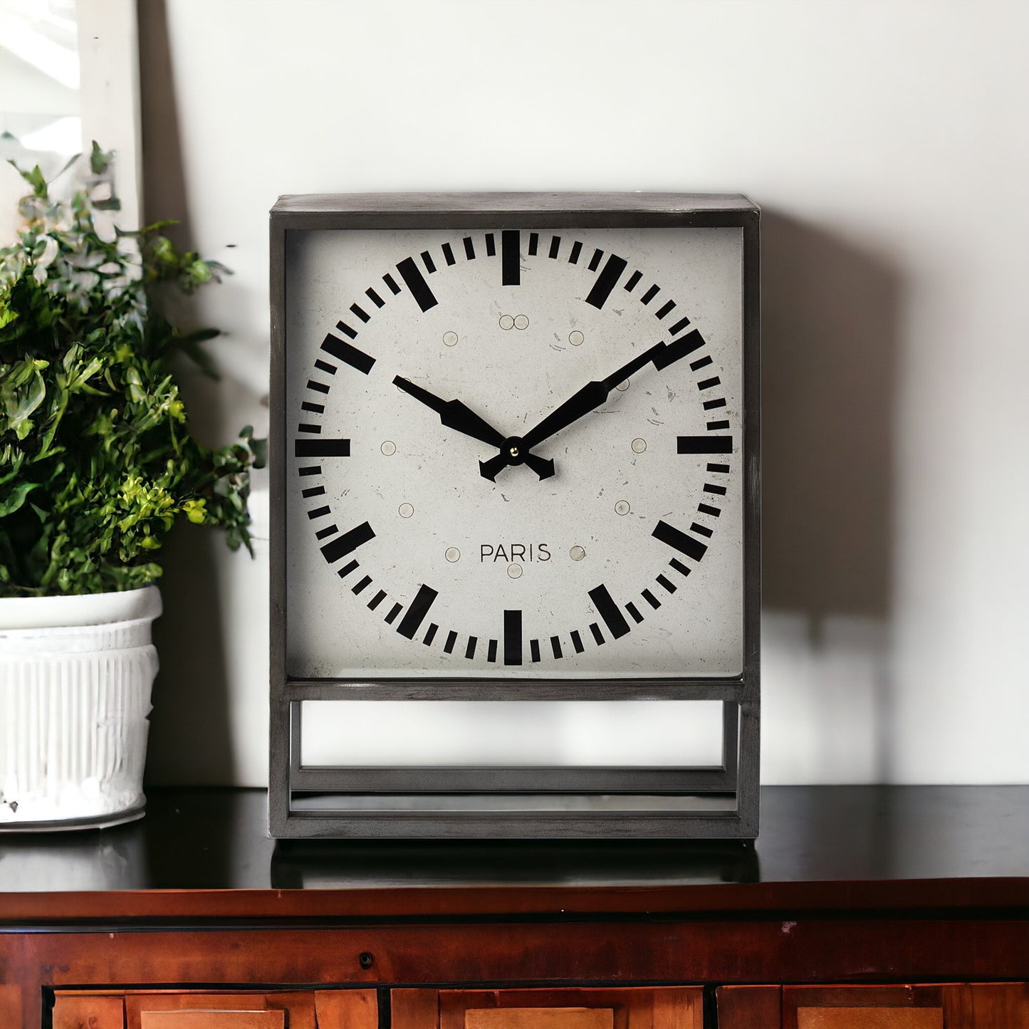 Square Gray Metal Desk Table Clock With Simple White And Black Face