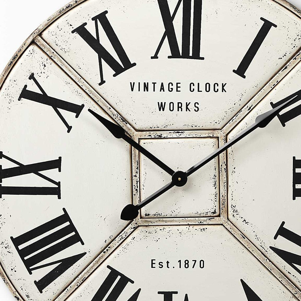 36.5" Round Industrial Style Wall Clock With Rustic White Toned Face