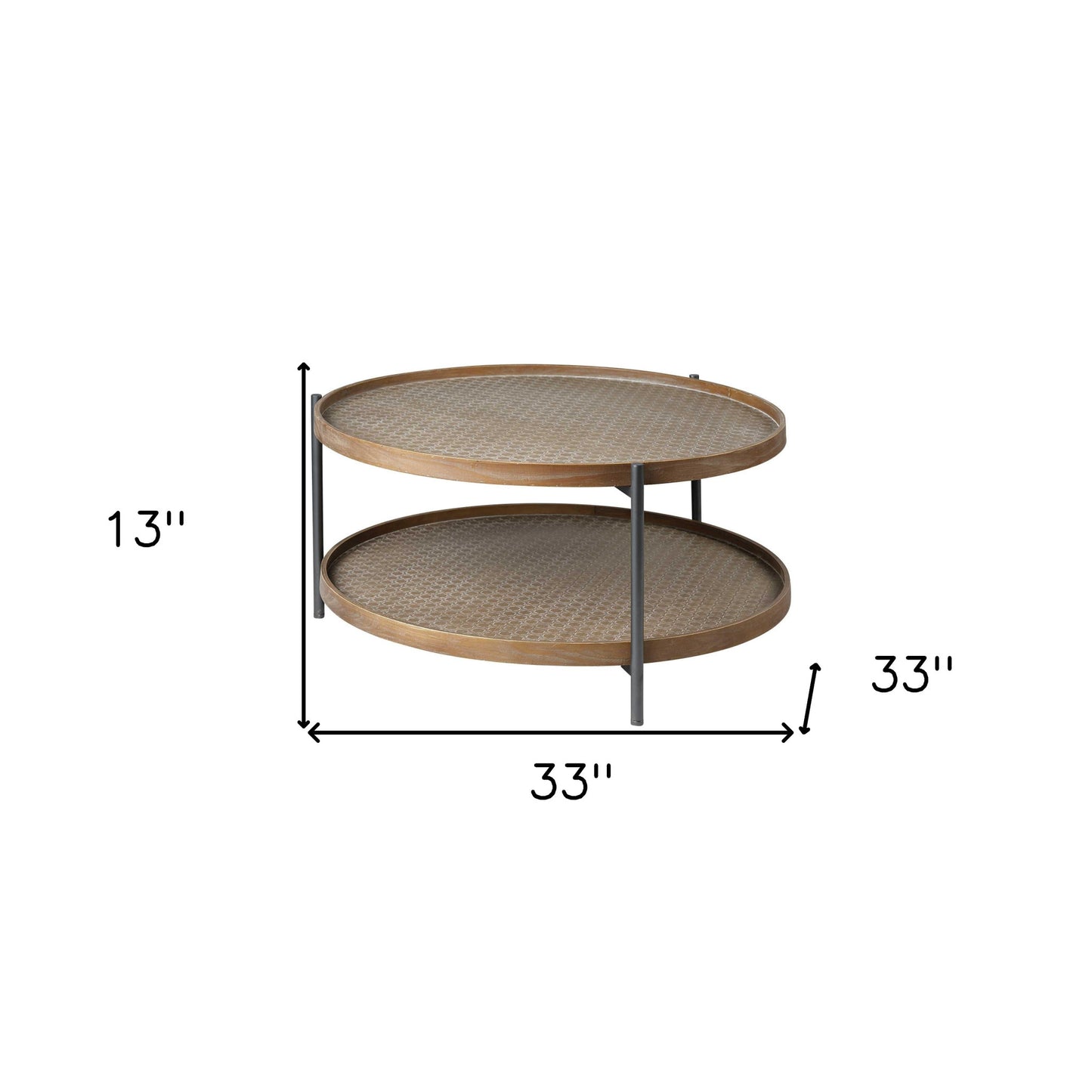 33" Round Black Wood And Metal Frame Two Tier Coffee Table