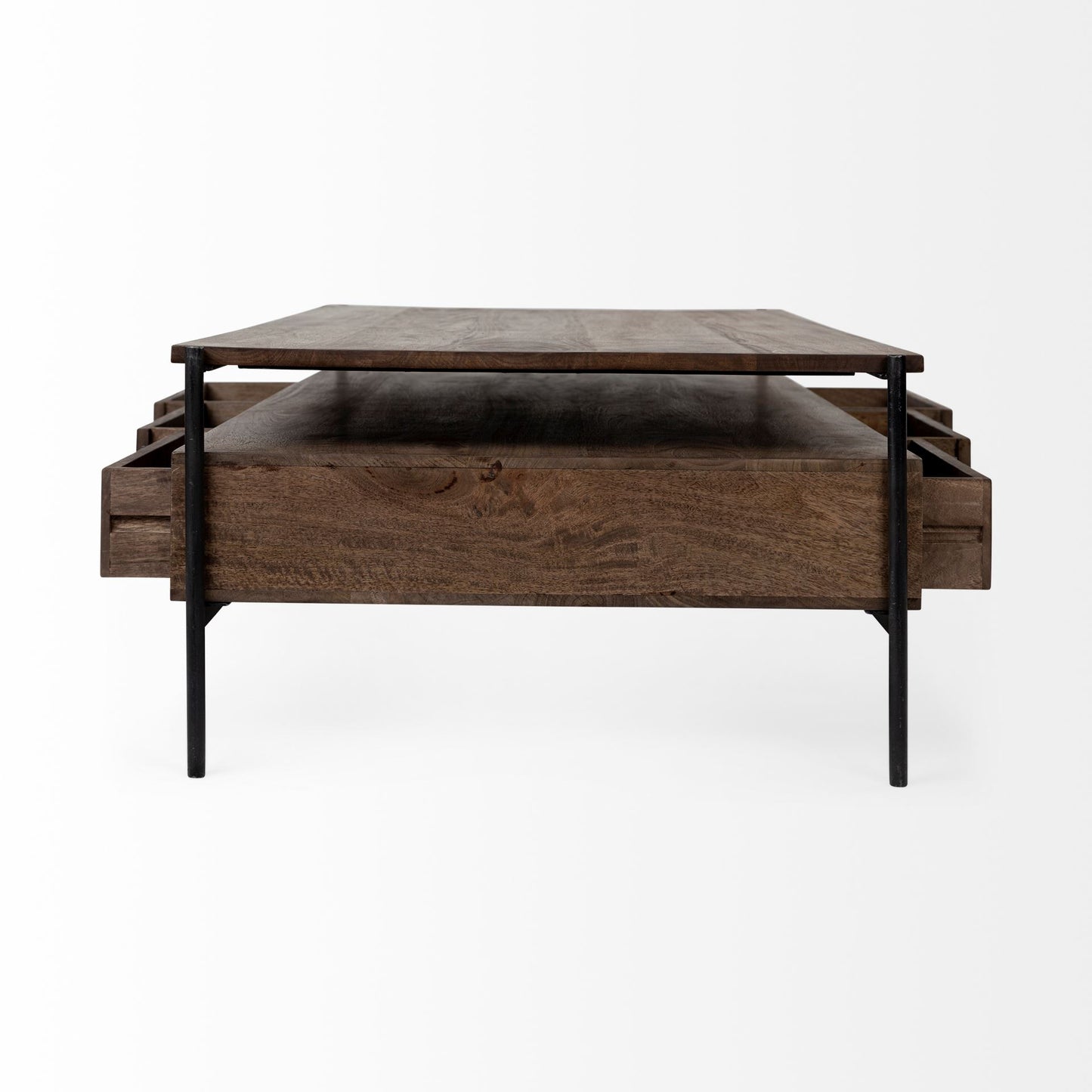 Rectangular Solid Wood And Black Metal Coffee Table W 3 Drawers