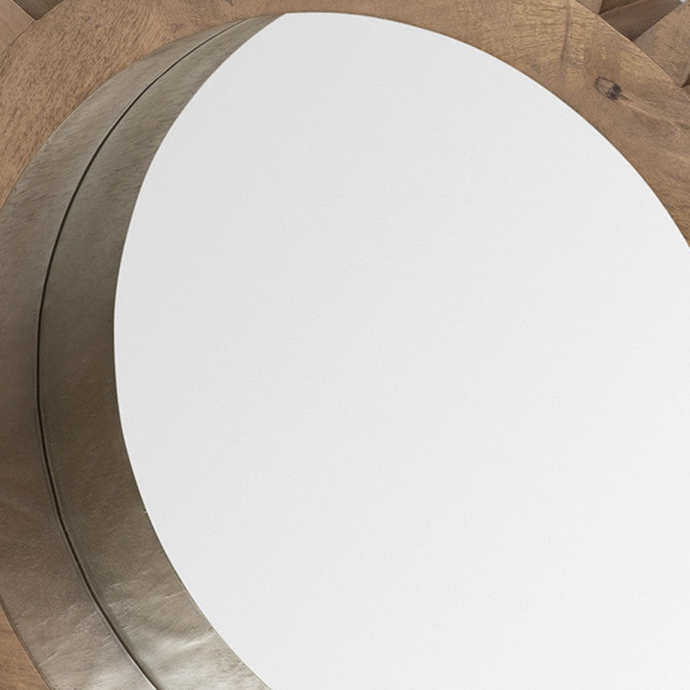 26" Round Brown Wood Frame Wall Mirror