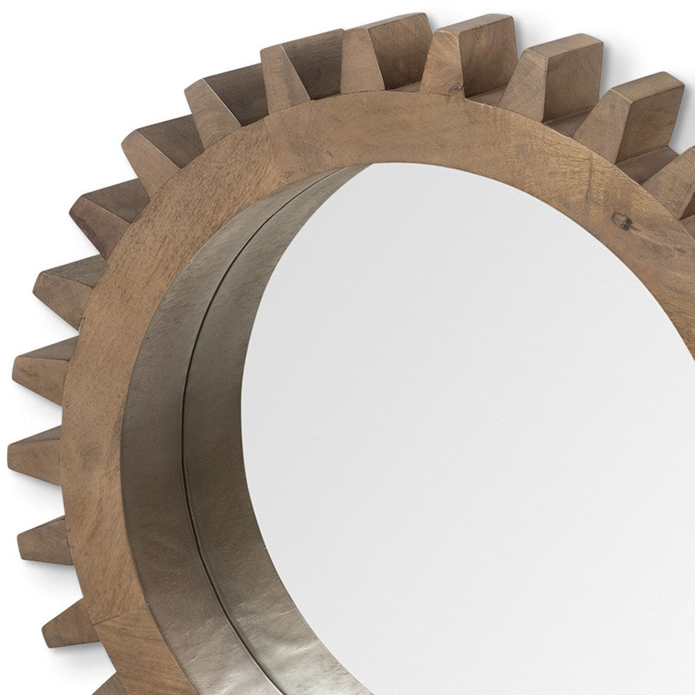 26" Round Brown Wood Frame Wall Mirror