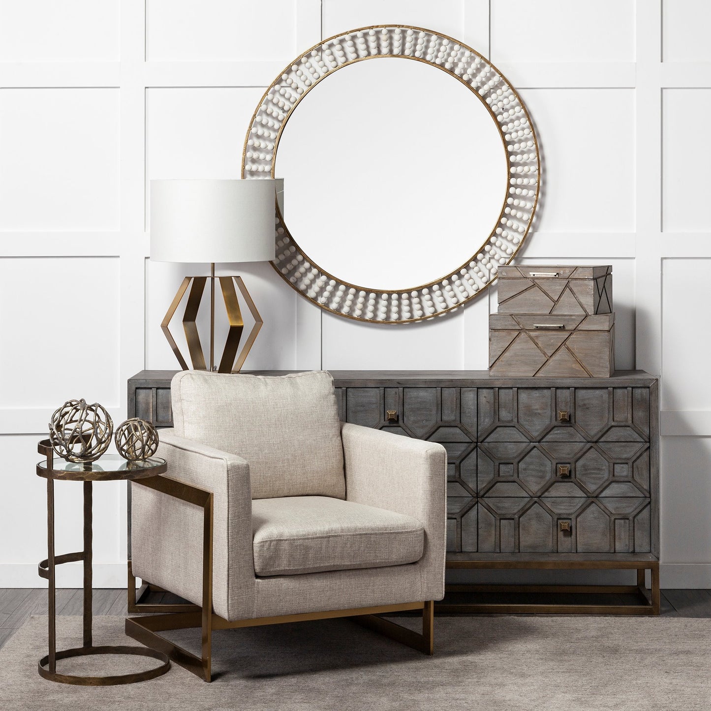 42" Round Gold Metal Frame Wall Mirror With White Wood Beads