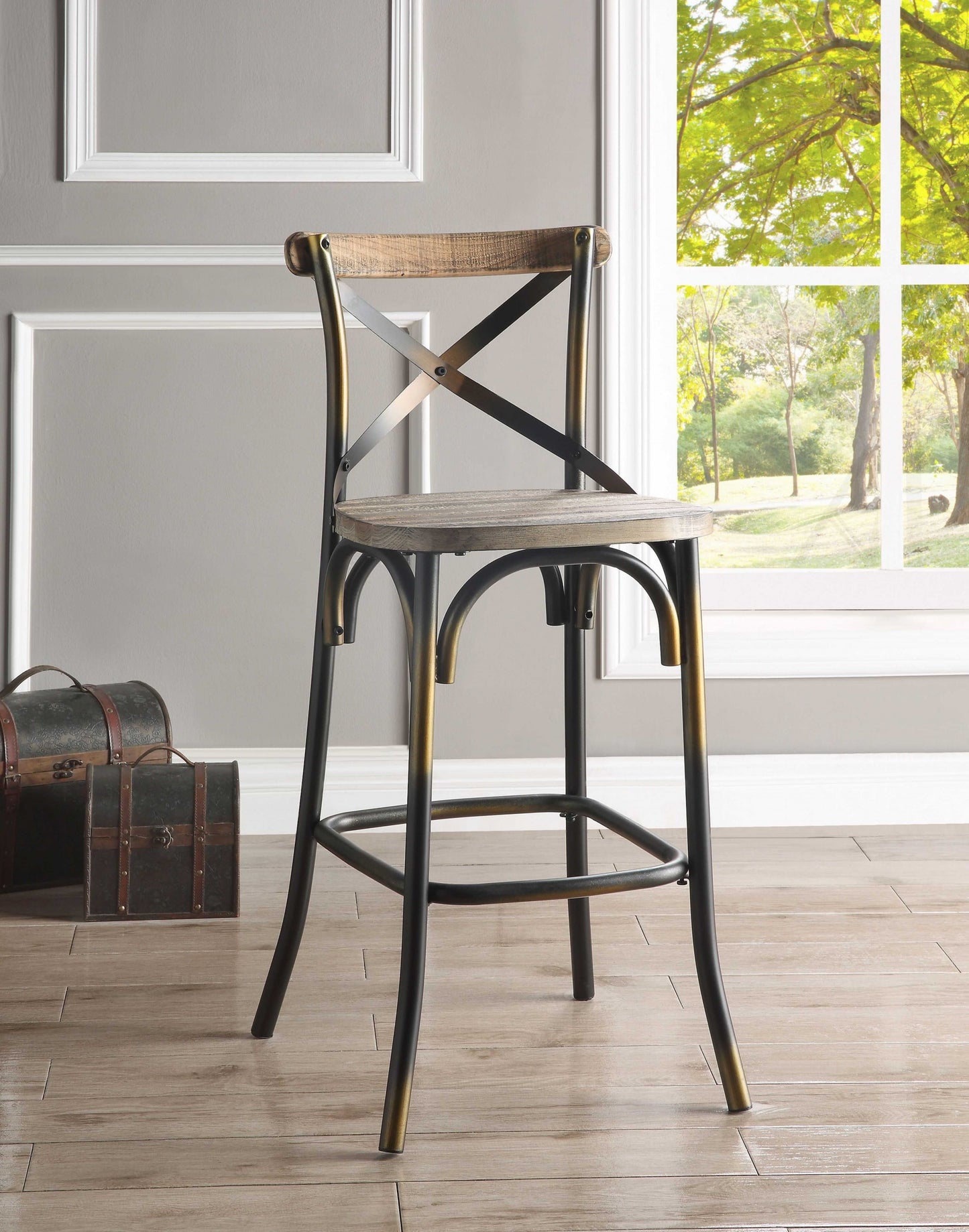 43" High Back Antiqued Copper And Oak Finish Bar Chair