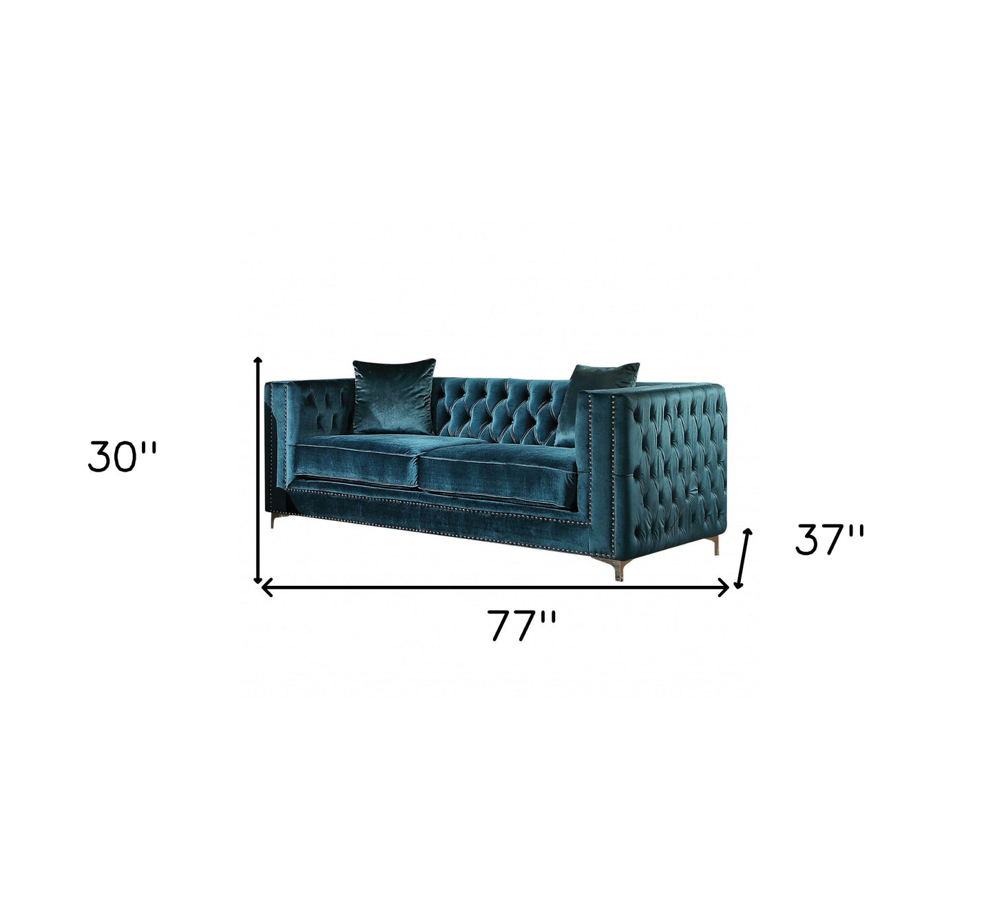 Dark Teal Velvet Loveseat With 2 Pillows