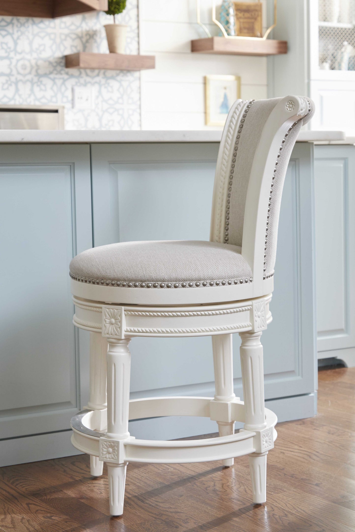 39" Light Gray And White Swivel Bar Chair With Footrest