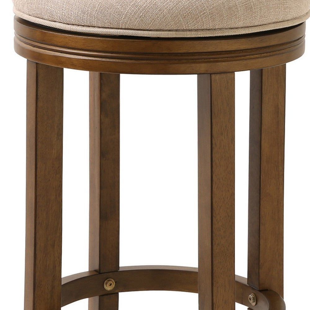 30" Cream and Brown Solid Wood Swivel Backless Bar Height Bar Chair with Footrest