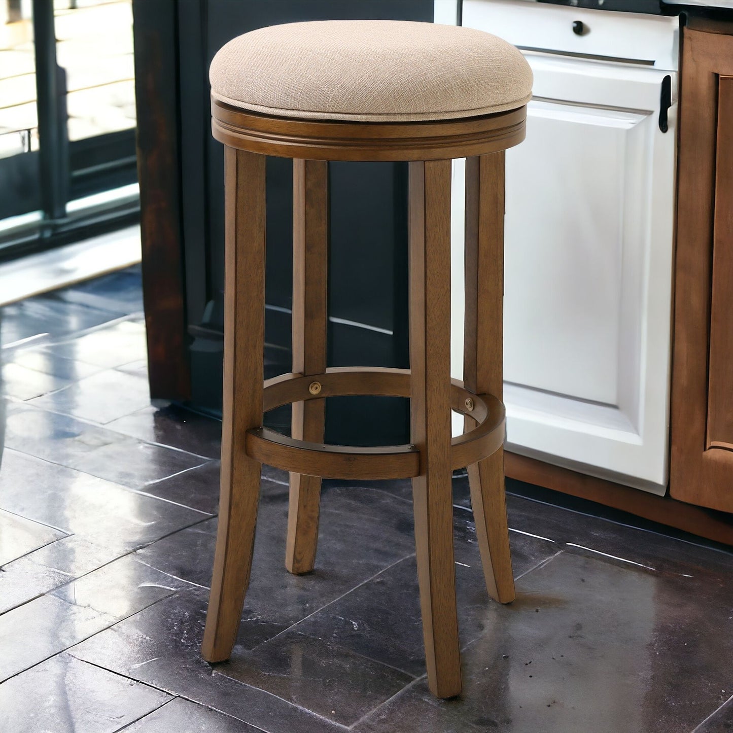 30" Cream and Brown Solid Wood Swivel Backless Bar Height Bar Chair with Footrest