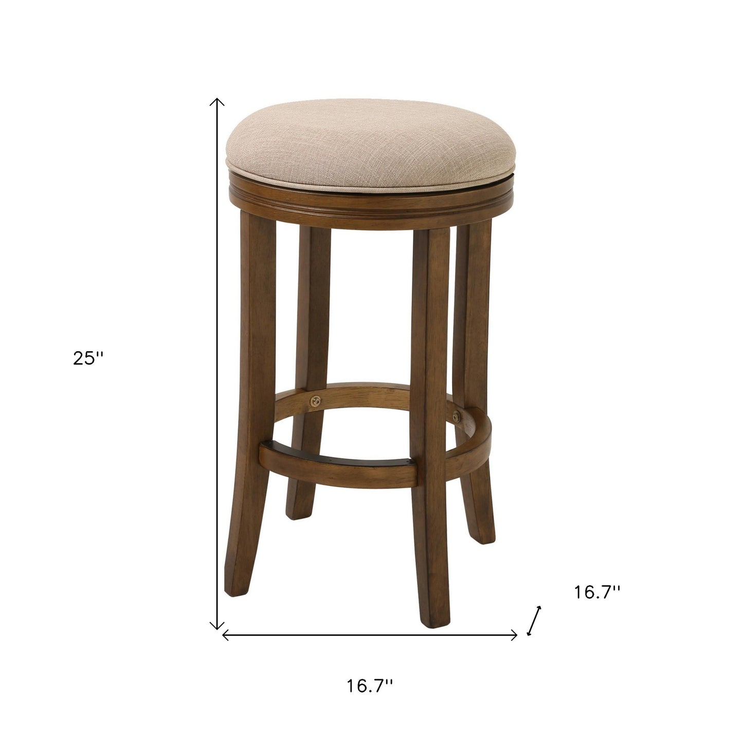 25" Cream and Brown Solid Wood Swivel Backless Counter Height Bar Chair with Footrest