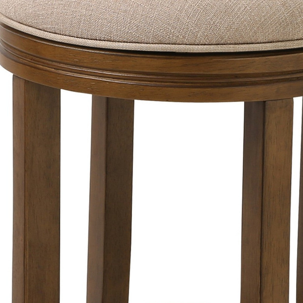 25" Cream and Brown Solid Wood Swivel Backless Counter Height Bar Chair with Footrest