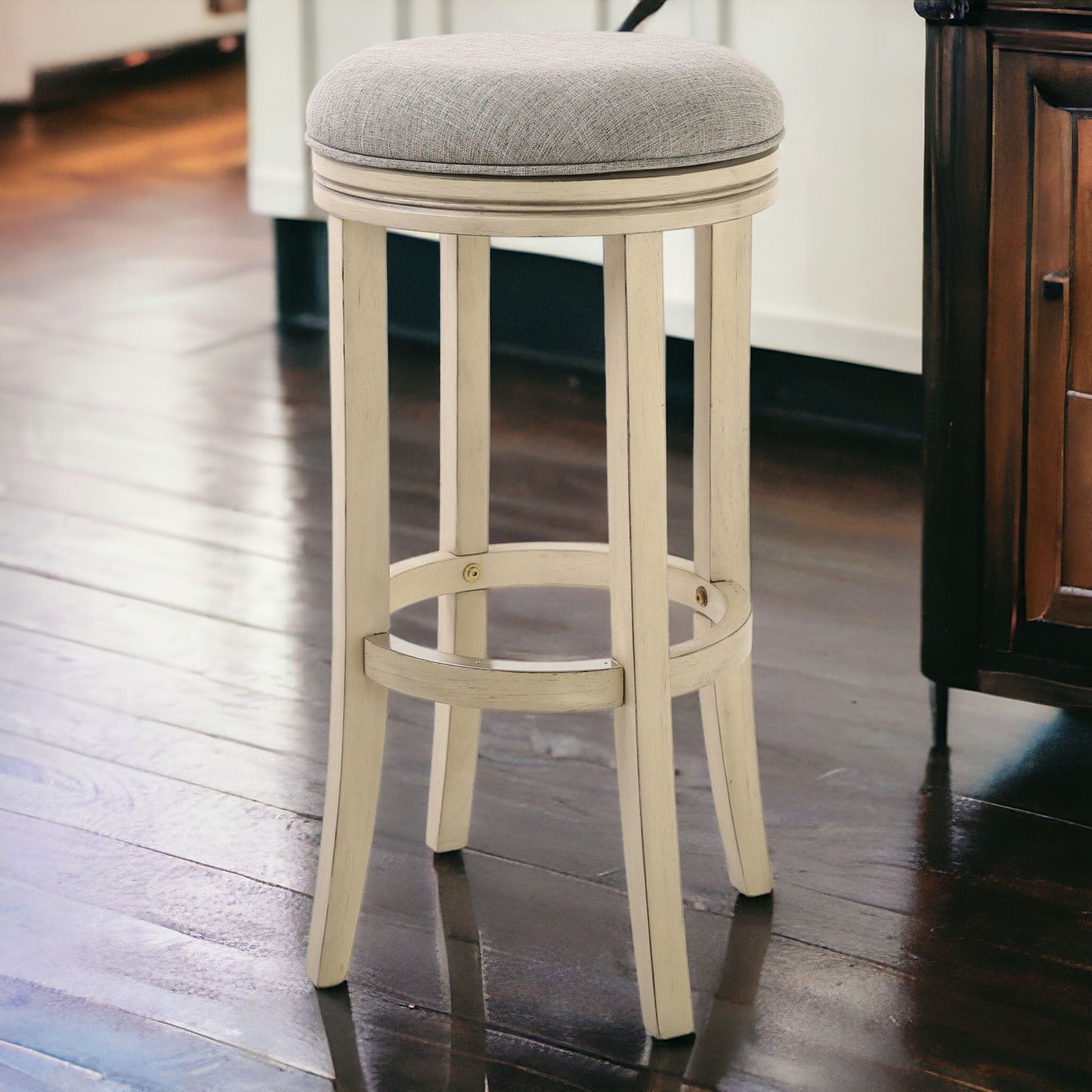 30" Gray and Ivory Solid Wood Swivel Backless Bar Height Bar Chair with Footrest