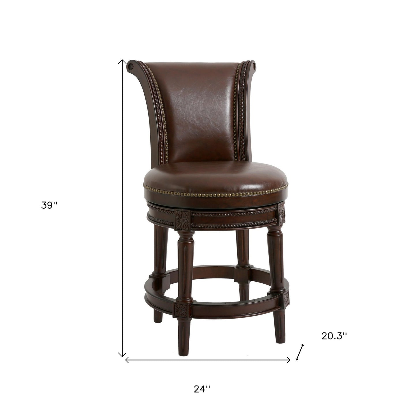 25" Dark Brown Faux Leather and Solid Wood Swivel Counter Height Bar Chair with Footrest