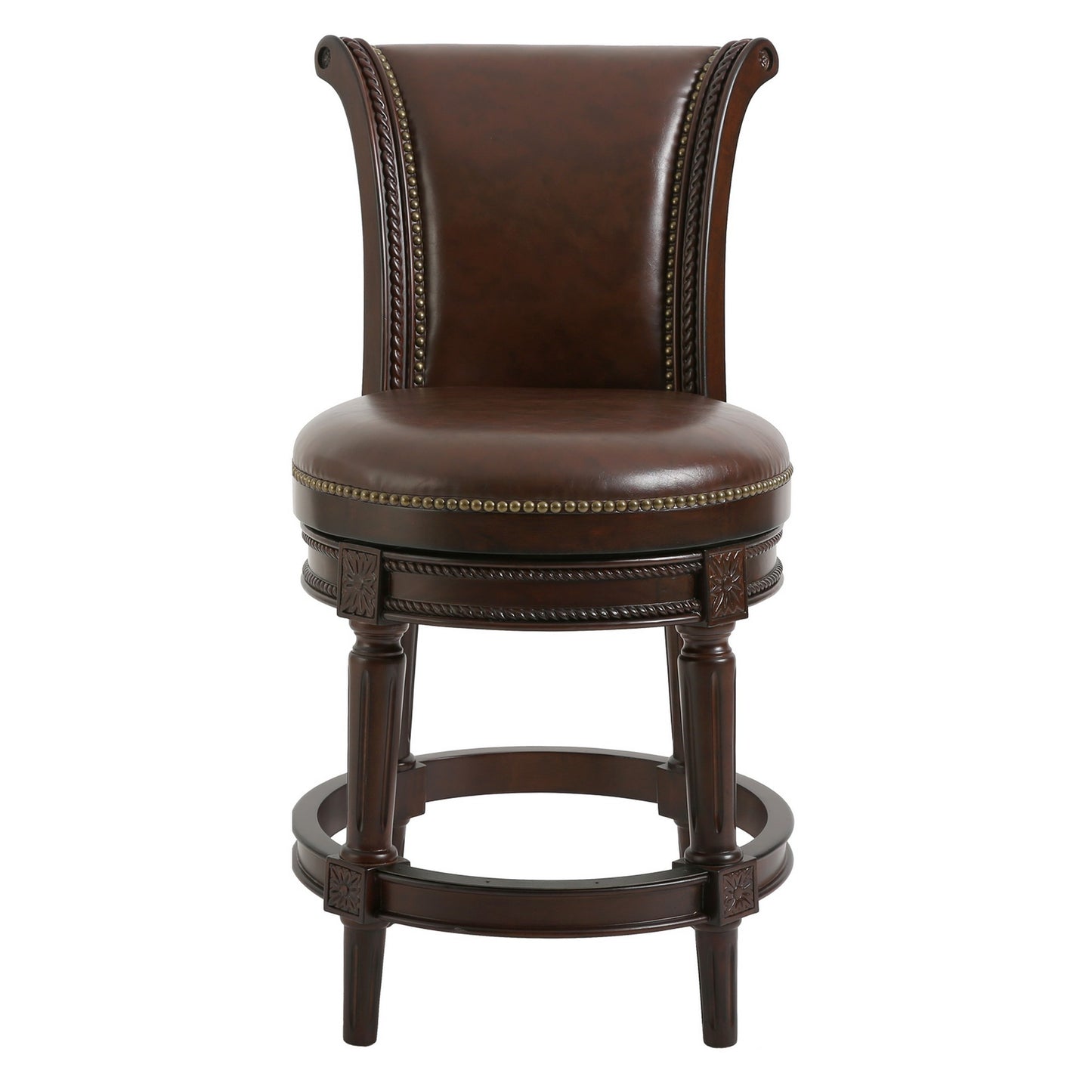 25" Dark Brown Faux Leather and Solid Wood Swivel Counter Height Bar Chair with Footrest