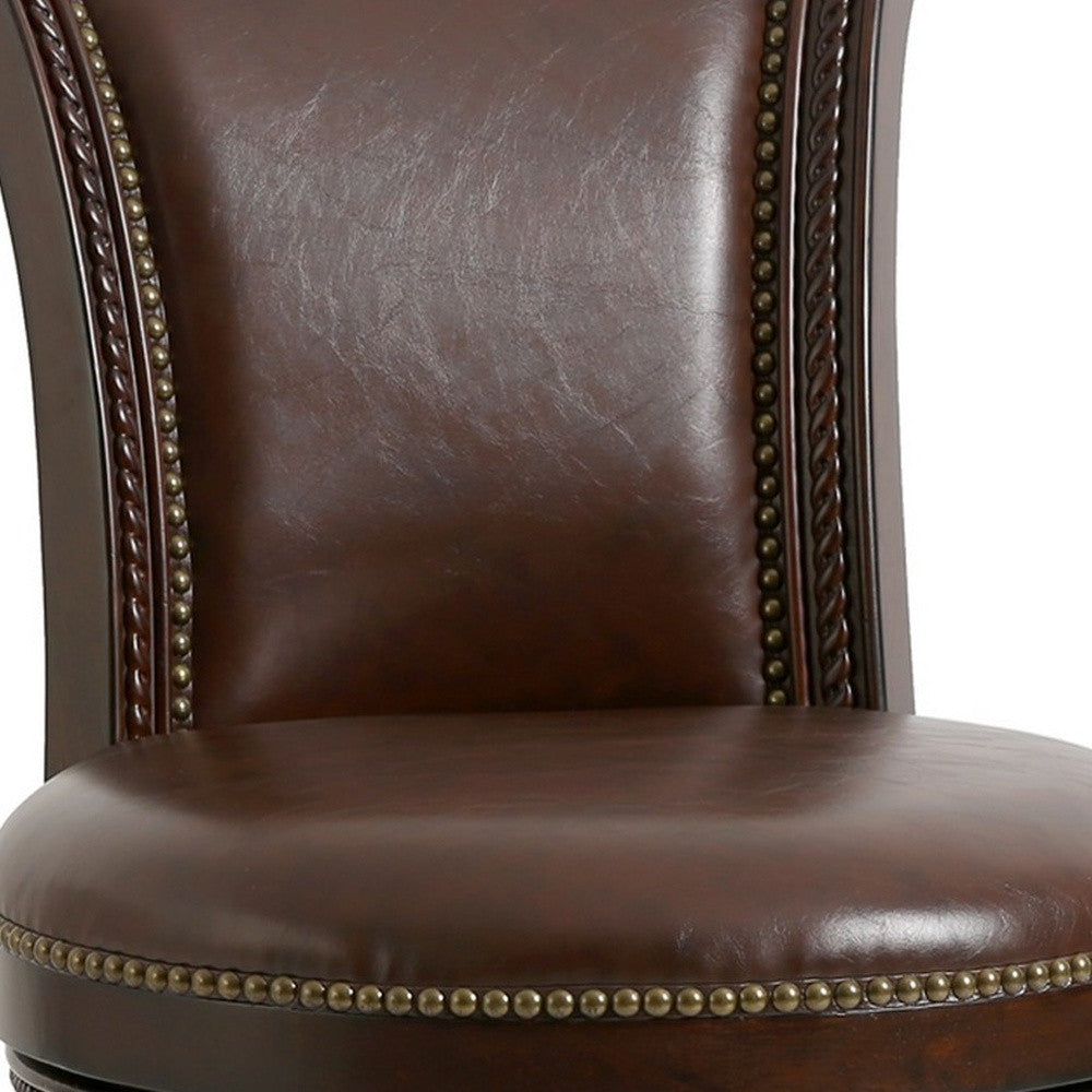 25" Dark Brown Faux Leather and Solid Wood Swivel Counter Height Bar Chair with Footrest