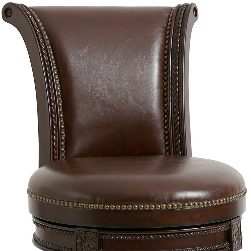 25" Dark Brown Faux Leather and Solid Wood Swivel Counter Height Bar Chair with Footrest
