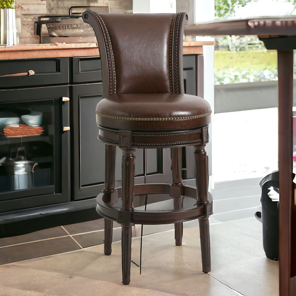 25" Walnut And Dark Brown Solid Wood Swivel Bar Height Bar Chair With Footrest