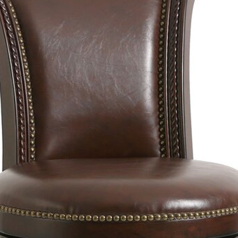 25" Walnut And Dark Brown Solid Wood Swivel Bar Height Bar Chair With Footrest