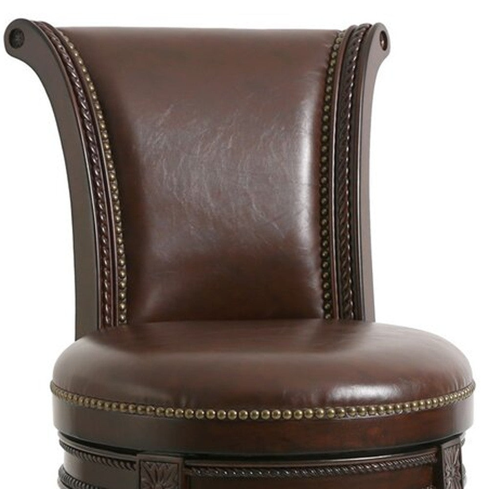 25" Walnut And Dark Brown Solid Wood Swivel Bar Height Bar Chair With Footrest