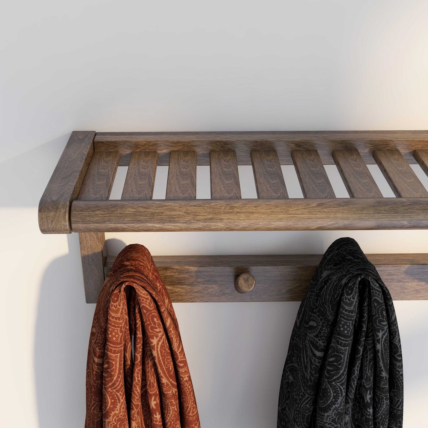 Wood Large Peg Coat Or Towel Rack With Shelf In Antique Chestnut