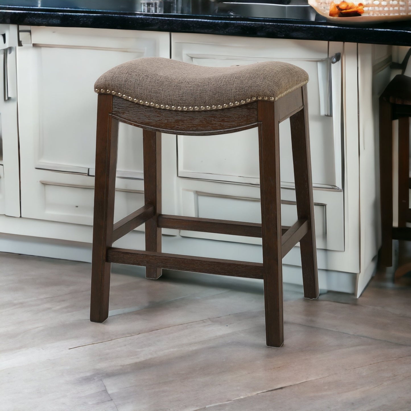 26" Taupe and Wood Brown Solid Wood Backless Counter Height Bar Chair with Footrest