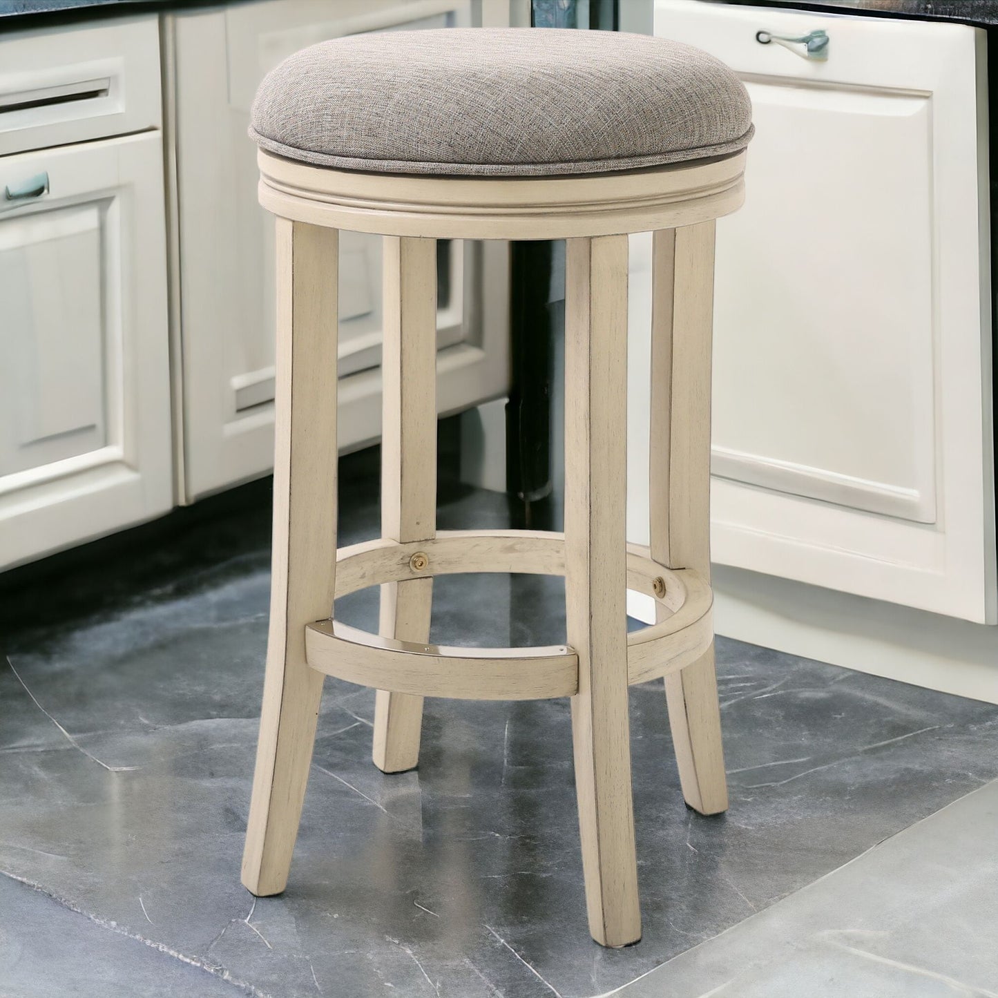25" Gray and Ivory Solid Wood Swivel Backless Counter Height Bar Chair with Footrest