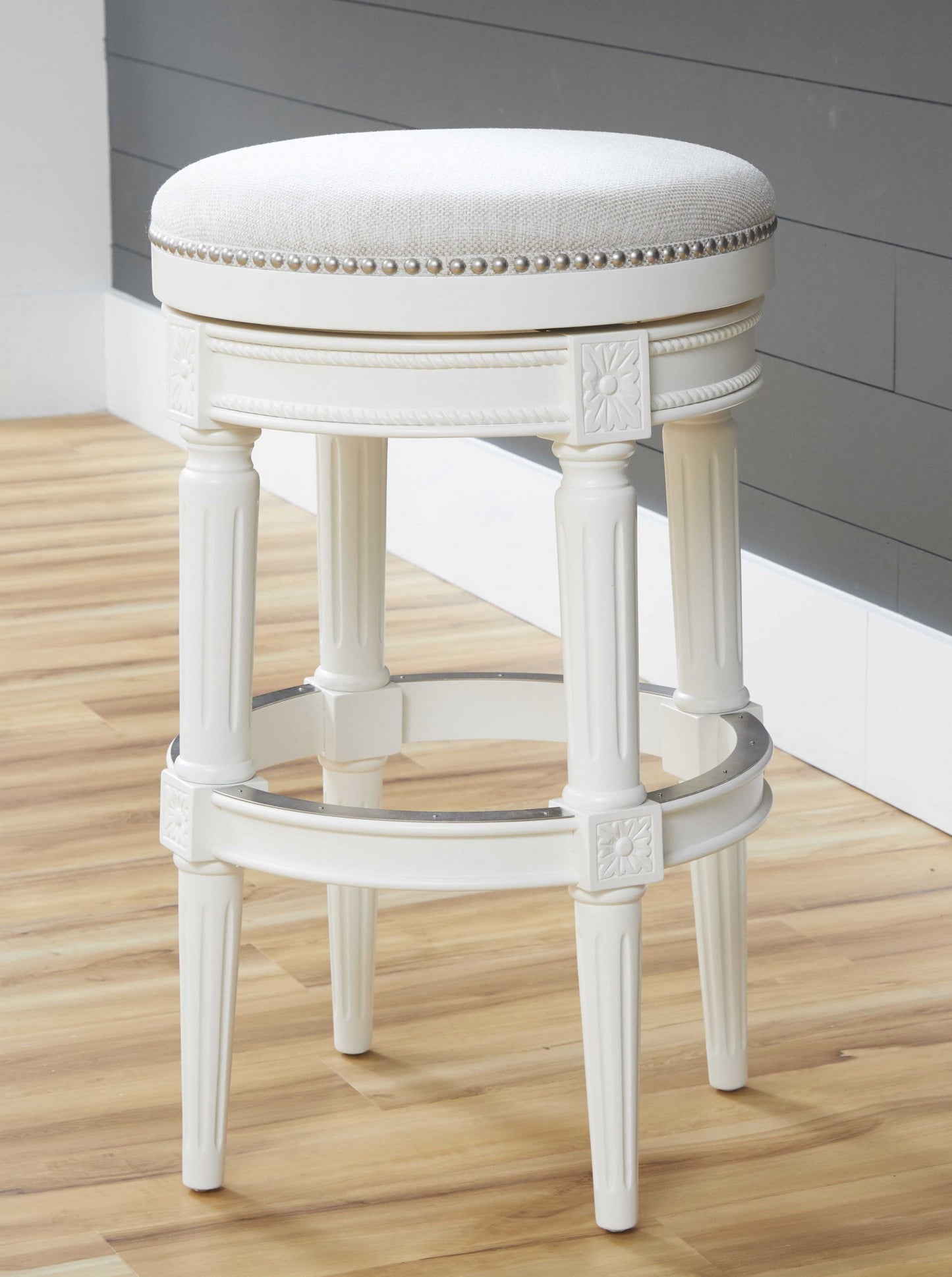 Bar Height Round Backless Stool In White Fabric